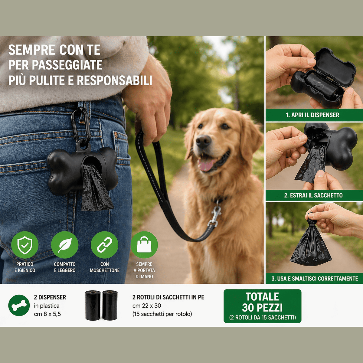 Pratico dispenser sacchetti cani nero a forma di osso agganciato ai jeans durante la passeggiata con un golden retriever.