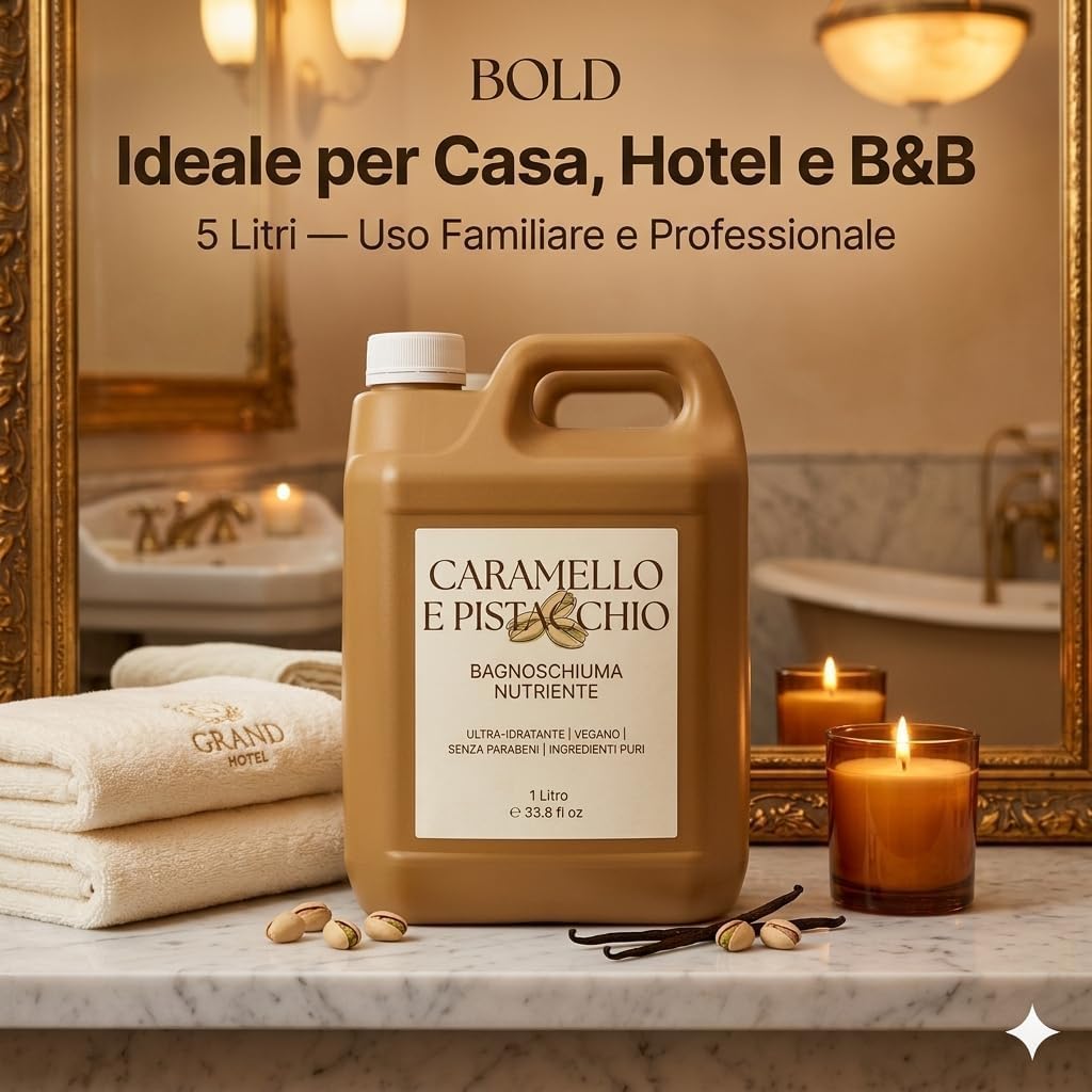 Bagnoschiuma Caramello e Pistacchio 5 Litri — Docciaschiuma Nutriente Profumo Gourmand Avvolgente, Senza Parabeni e Nickel, Vegano, Biodegradabile, Cruelty Free — Made in Italy - Lemag srl