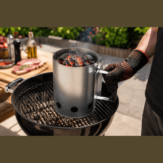 Persona con guanto che tiene lo starter per barbecue in acciaio pieno di carbone ardente.