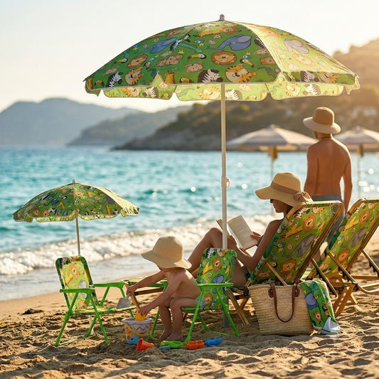 Bambino gioca sulla sabbia con la sedia da spiaggia per bambini con ombrellino verde pieghevole, ideale per il mare.
