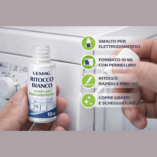 Flacone di ritocco smalto bianco da 10ml Lemag per riparare graffi e scheggiature sugli elettrodomestici di casa.
