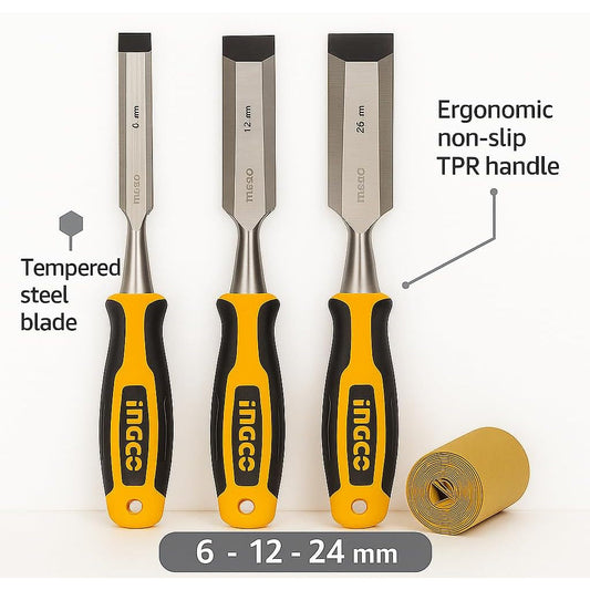Set scalpelli per legno professionali 6-12-24 mm in acciaio temprato con manici ergonomici antiscivolo.
