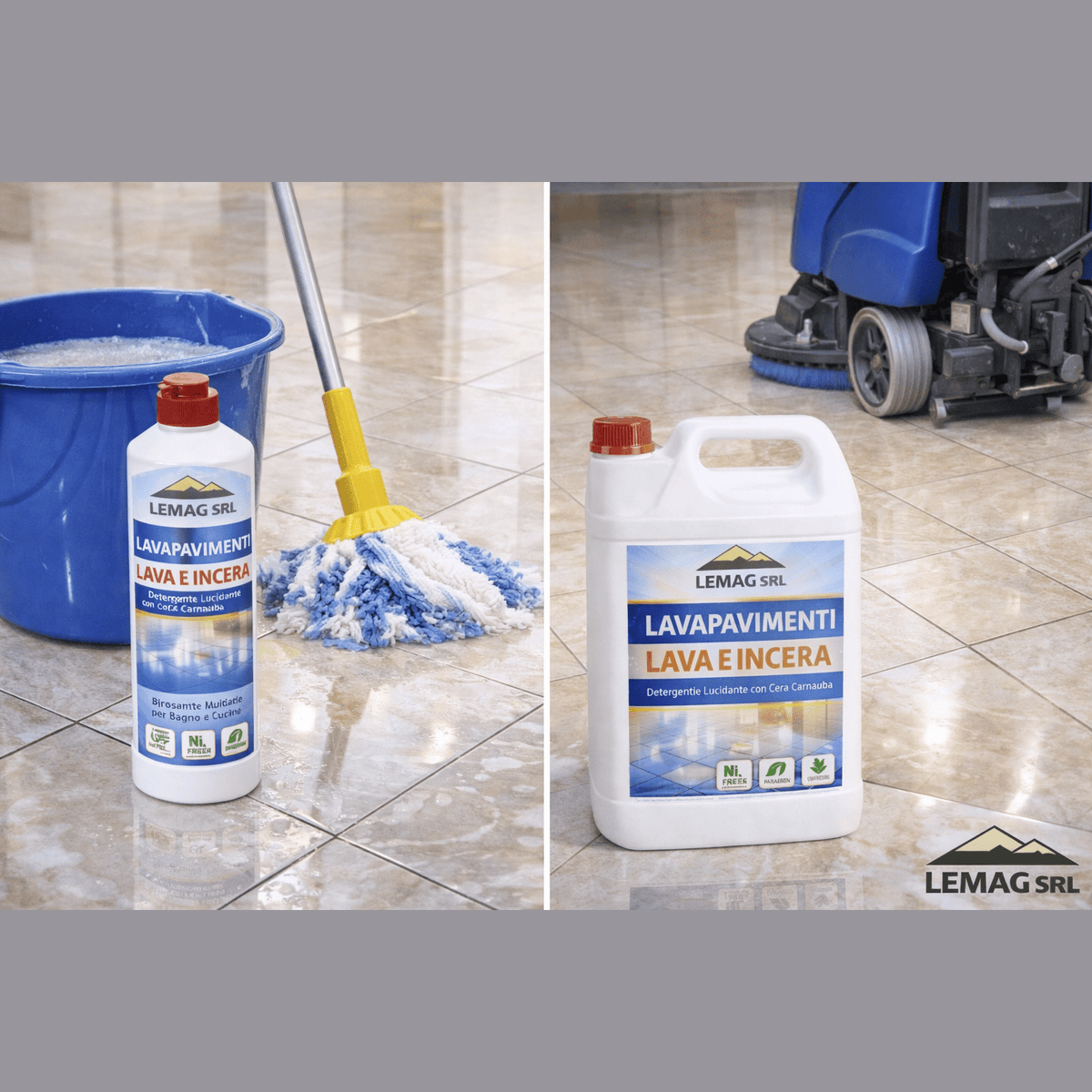 Flaconi di lavapavimenti lava e incera con cera carnauba LEMAG SRL da 1L e 5L per la pulizia professionale di pavimenti.