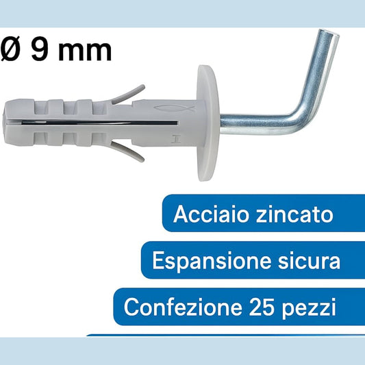 Set di 25 tasselli a gancio aperto L corto da 9 mm in acciaio zincato ad espansione sicura per fissaggi professionali.