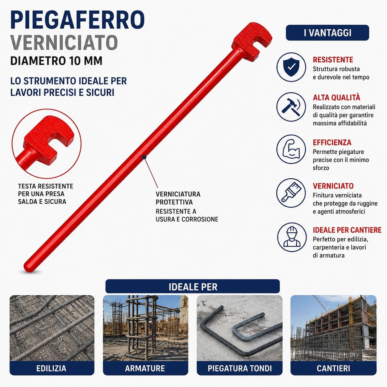 Piegaferro Verniciato Diametro 10 mm Curva Tondino Manuale per Edilizia Piegaferri Professionale da Cantiere - Lemag srl
