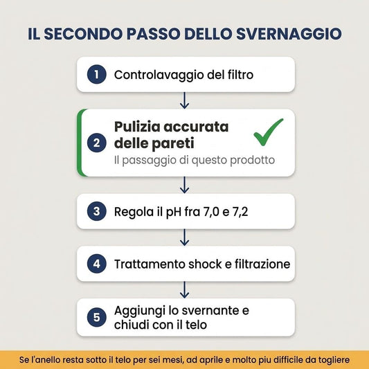 Infografica sui passaggi dello svernaggio, evidenziando l'uso dello sgrassante bordo piscina per la pulizia accurata delle pareti.