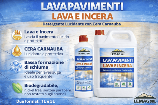 Flaconi di lavapavimenti lava e incera LEMAG SRL con cera carnauba da 1L e 5L, ideale per pulire e lucidare i pavimenti.