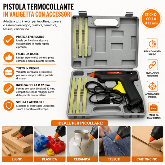 Pistola Termocollante in Valigetta con Accessori e Stick 12 mm - Lemag srl
