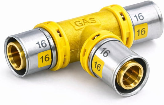 Un raccordo gas a pressare 16 mm modello Tee 16x16x16 per tubi multistrato.
