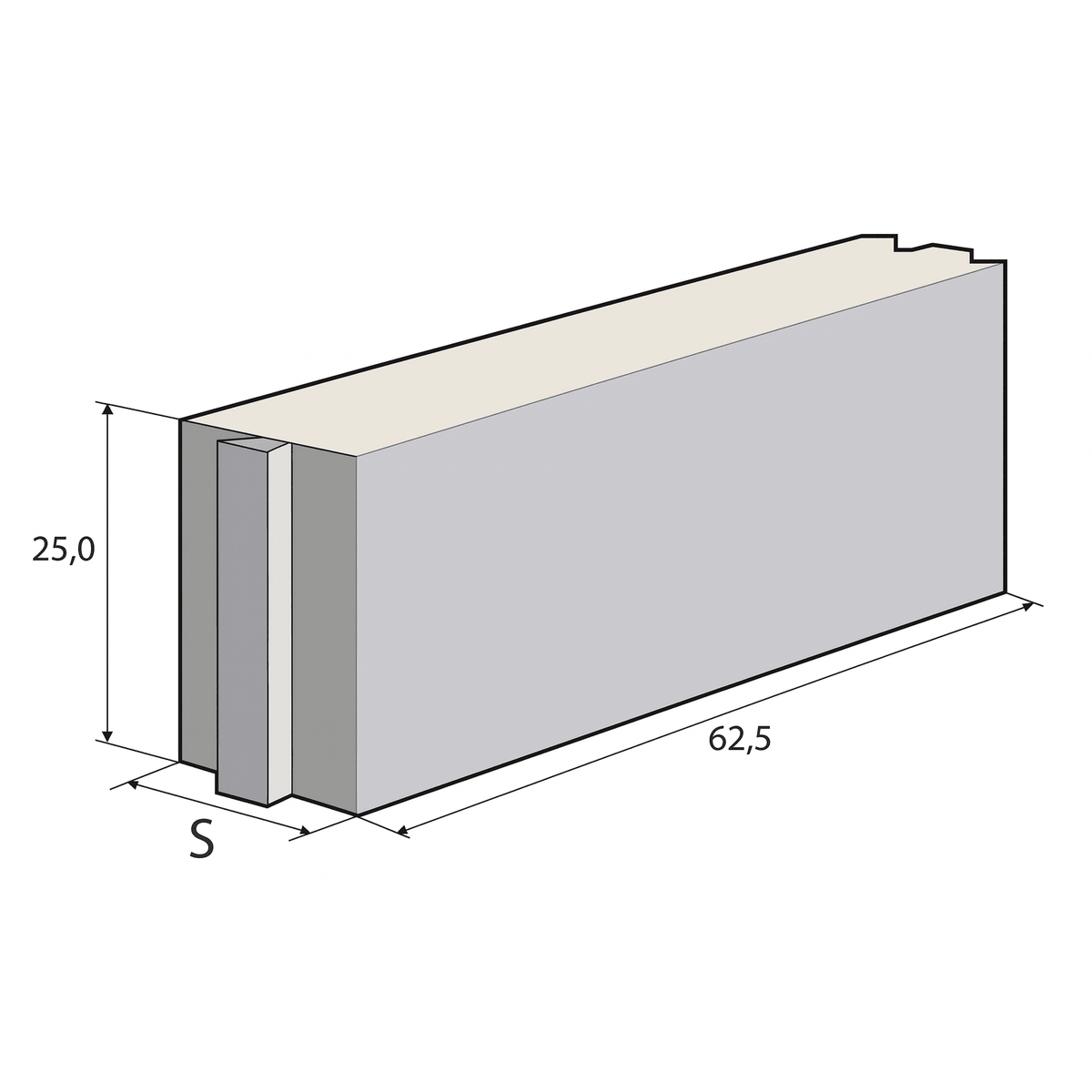 Disegno tecnico di un blocco in calcestruzzo cellulare Siporex con misure 25x62,5 cm per isolamento termico e acustico.