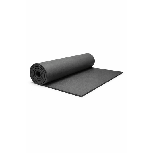 Rotolo di isolante acustico espanso da 5 mm flessibile e nero, ideale per isolamento acustico di pareti e pavimenti.