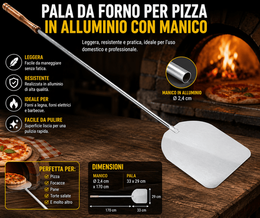Pala Pizza Alluminio con Manico 170 cm 33x29 cm - Lemag srl