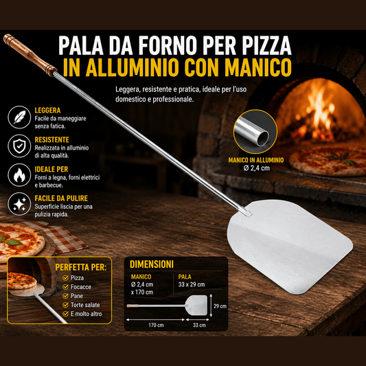 Pratica pala per pizza in alluminio con manico lungo da 170 cm e testa da 33x29 cm per forni e barbecue.