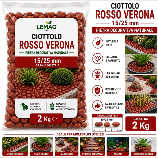 Confezione di ciottoli rosso verona Lemag da 15/25 mm, pietra naturale decorativa da 2 kg per giardini, aiuole e vasi.