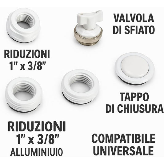 Componenti di un kit radiatori alluminio universale con riduzioni, valvola di sfiato manuale e tappo di chiusura.