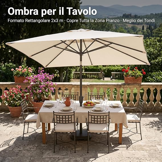 Ombrellone rettangolare 2x3 ecrù aperto sopra un tavolo da pranzo in terrazza, perfetto per fare ombra in giardino.