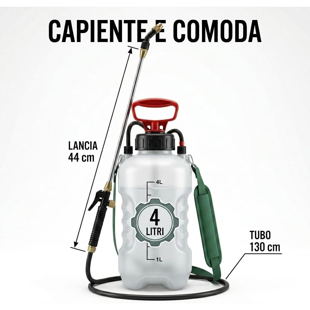 La pompa a pressione 4 litri manuale con lancia da 44 cm e tubo da 130 cm, ideale per trattamenti comodi su orto e piante.