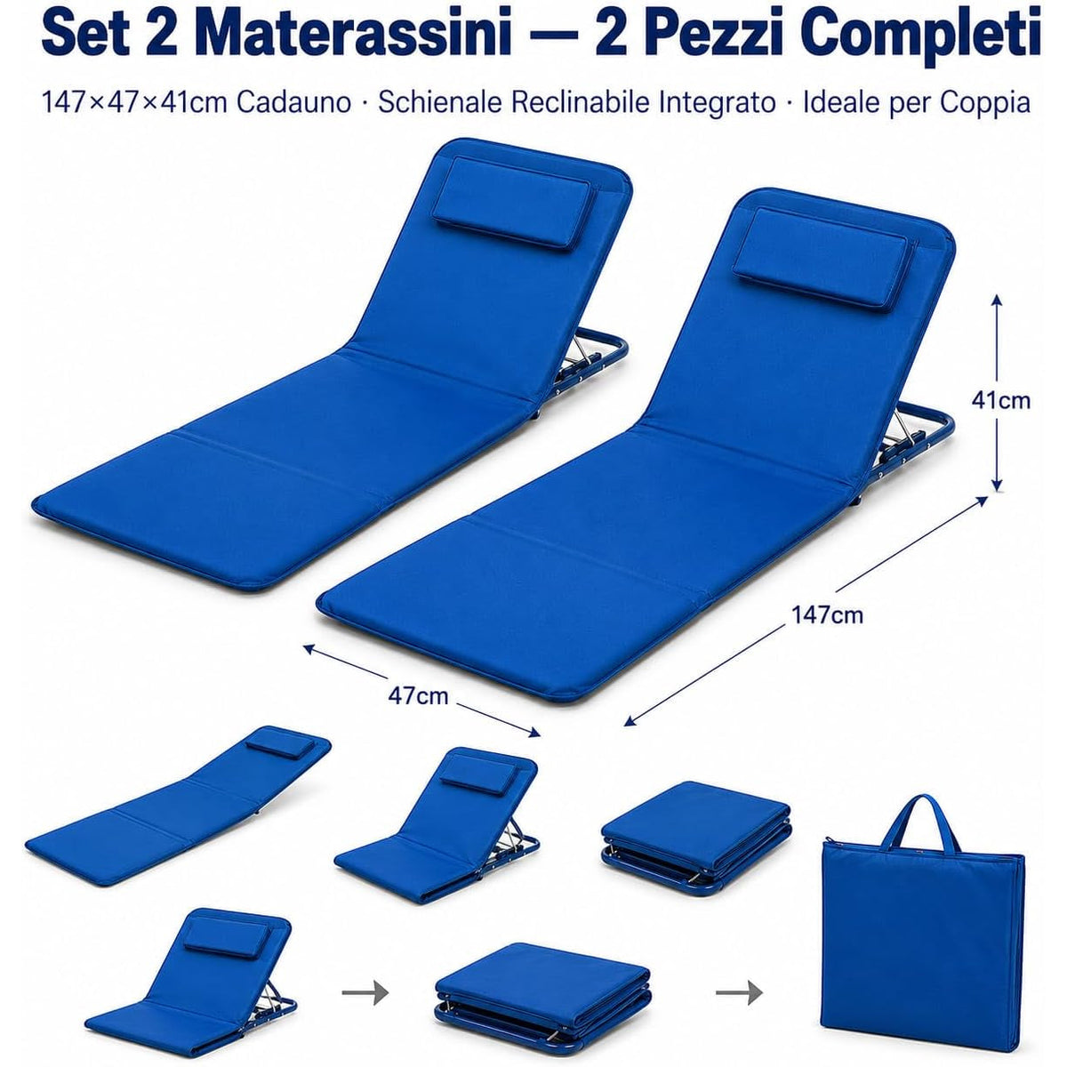 Coppia di materassino gonfiabile con schienale reclinabile blu da spiaggia, pieghevole con borsa per il trasporto.
