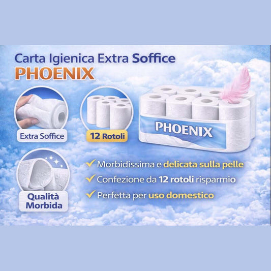Confezione di carta igienica extra soffice PHOENIX da 12 rotoli, morbidissima, delicata sulla pelle e ideale per uso domestico.