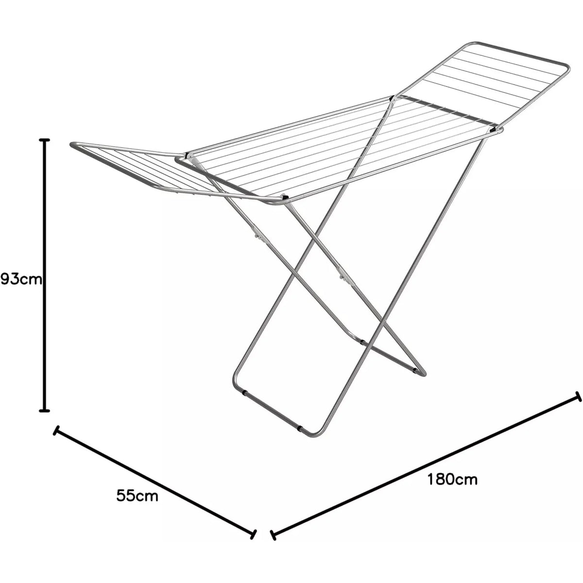 Dimensioni dello stendibiancheria da pavimento con ali Gimi Vileda: altezza 93 cm, larghezza 55 cm e lunghezza massima di 180 cm.