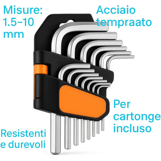 Set chiavi esagonali da 9 pezzi in acciaio temperato da 1.5 a 10 mm Lemag SRL con supporto nero e arancione.