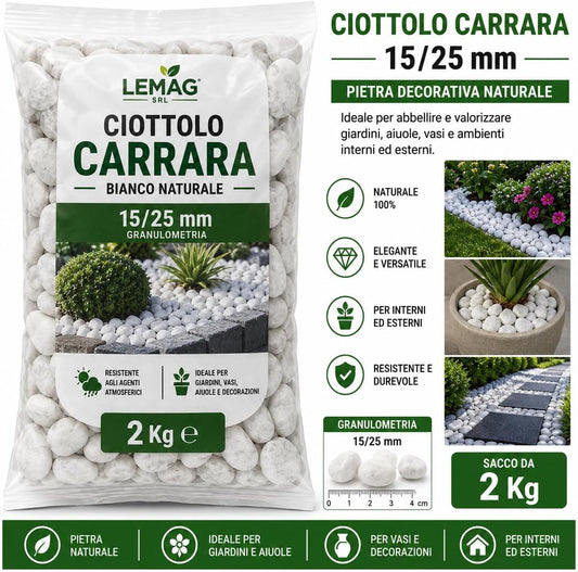 Ciottolo Carrara Bianco 15/25 mm in Sacco da 2 kg Pietra Decorativa per Giardino Vasi Aiuole Decorazioni Esterno Interno - Lemag srl