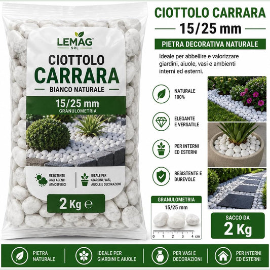 Sacco di ciottolo bianco carrara da 2 kg Lemag, ideale per la decorazione di aiuole, vasi e giardini.