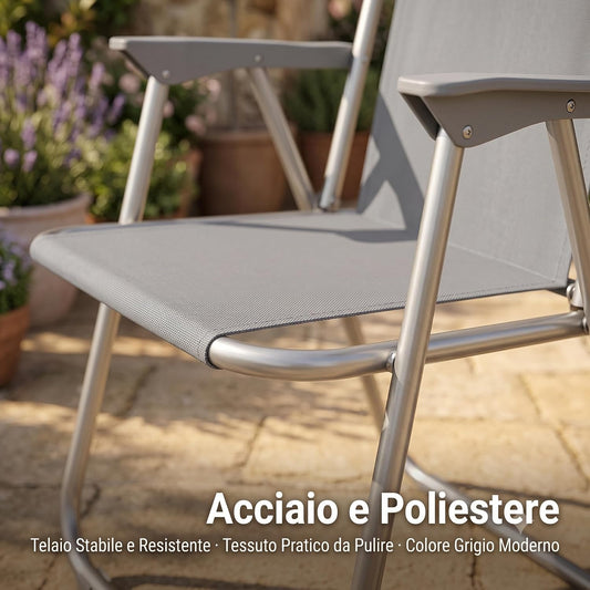 Dettaglio di sedie relax da giardino in tessuto poliestere grigio e resistente telaio in acciaio.