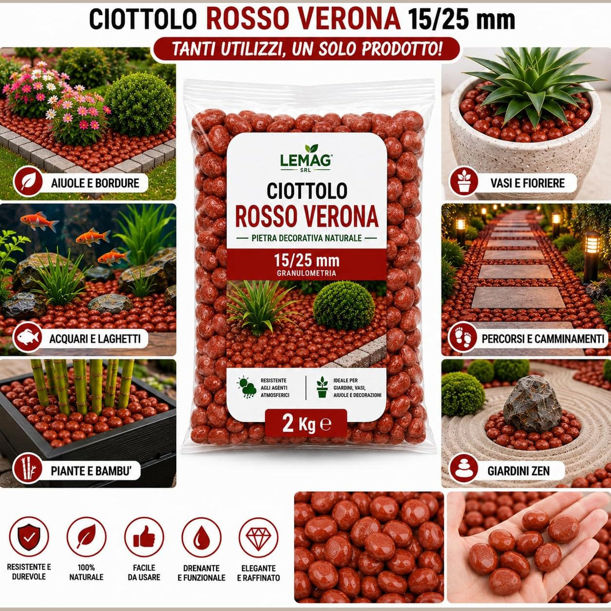 Sacco di ciottoli rosso verona da 2 kg Lemag, pietra decorativa per aiuole, vasi, giardini zen e fioriere.