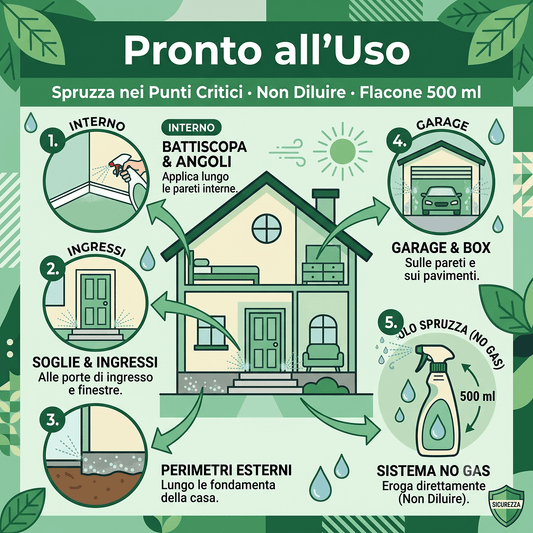 Infografica con istruzioni per applicare il repellente per scorpioni spray su battiscopa, ingressi e perimetri esterni.