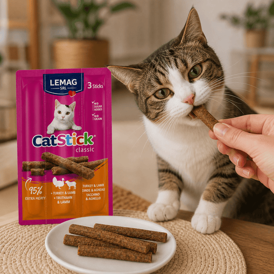 Snack per Gatti Cat Stick 18g 3 Pezzi Tacchino e Agnello Stick Morbidi con Vitamina E e Minerali Spuntino Naturale - Lemag srl