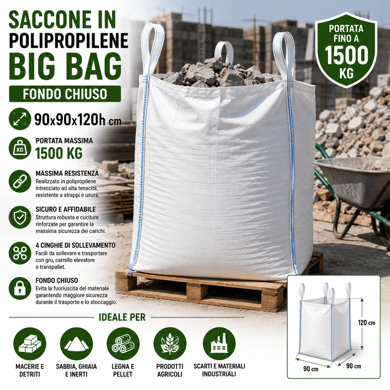 Saccone Big Bag in Polipropilene Fondo Chiuso 90x90x120 cm Portata 1500 Kg - Lemag srl