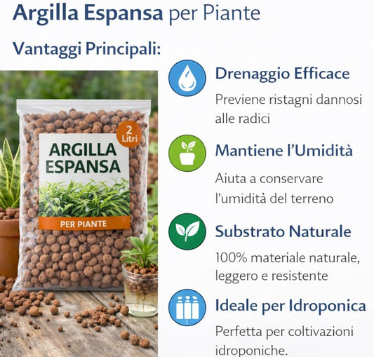 Argilla Espansa per Piante 2 Litri – Drenaggio per Vasi e Fioriere – Substrato Naturale per Giardinaggio, Idroponica e Decorazione - Lemag srl