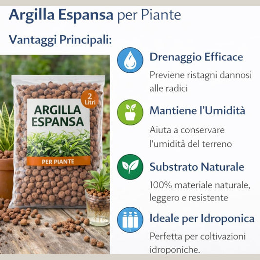 Sacchetto di argilla espansa per piante da 2 litri e descrizione dei vantaggi come drenaggio efficace e substrato naturale per vasi.