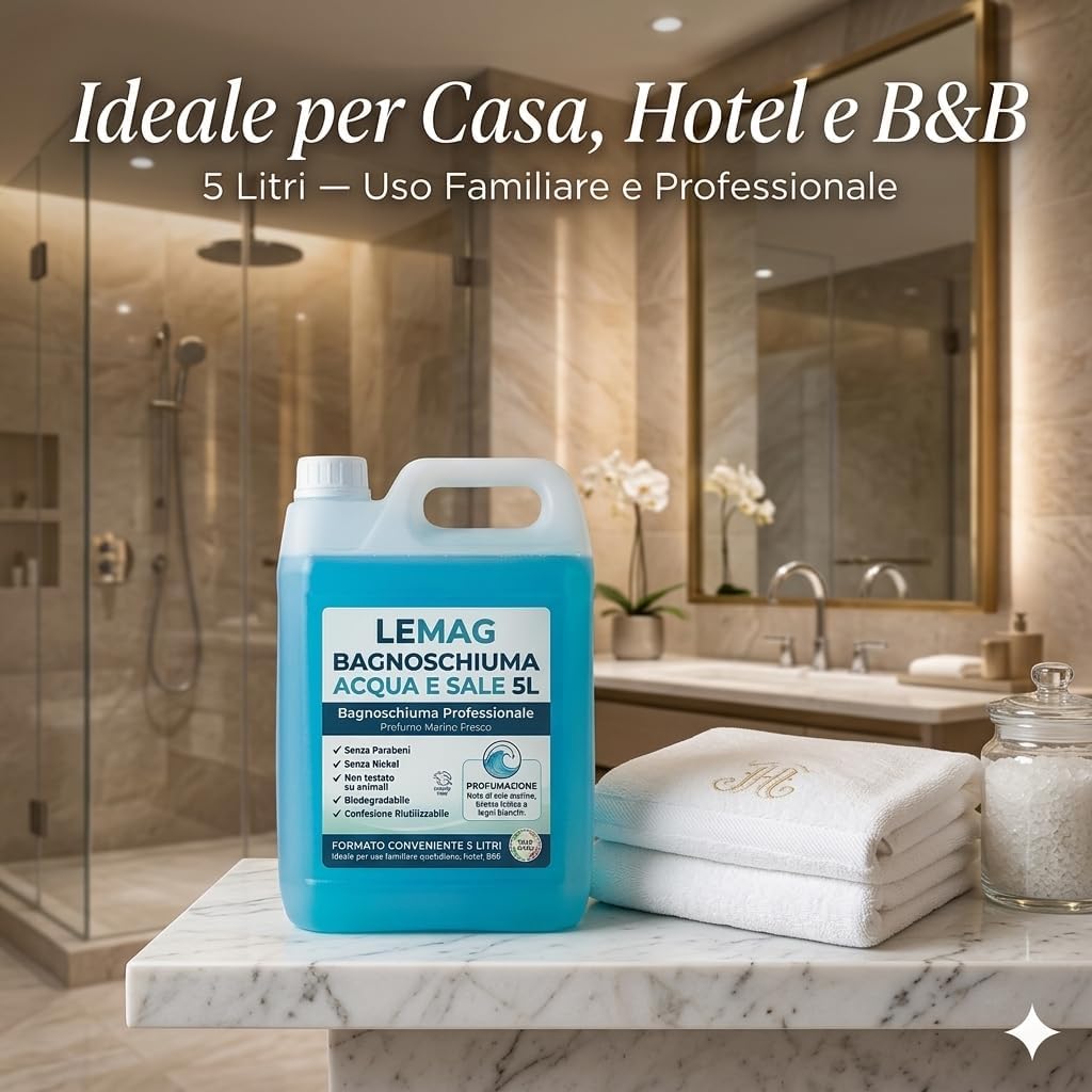 Bagnoschiuma Acqua e Sale 5 Litri — Docciaschiuma Profumo Marino Fresco con Note di Sale e Brezza Iodica, Senza Parabeni e Nickel, Biodegradabile, Cruelty Free — Made in Italy - Lemag srl
