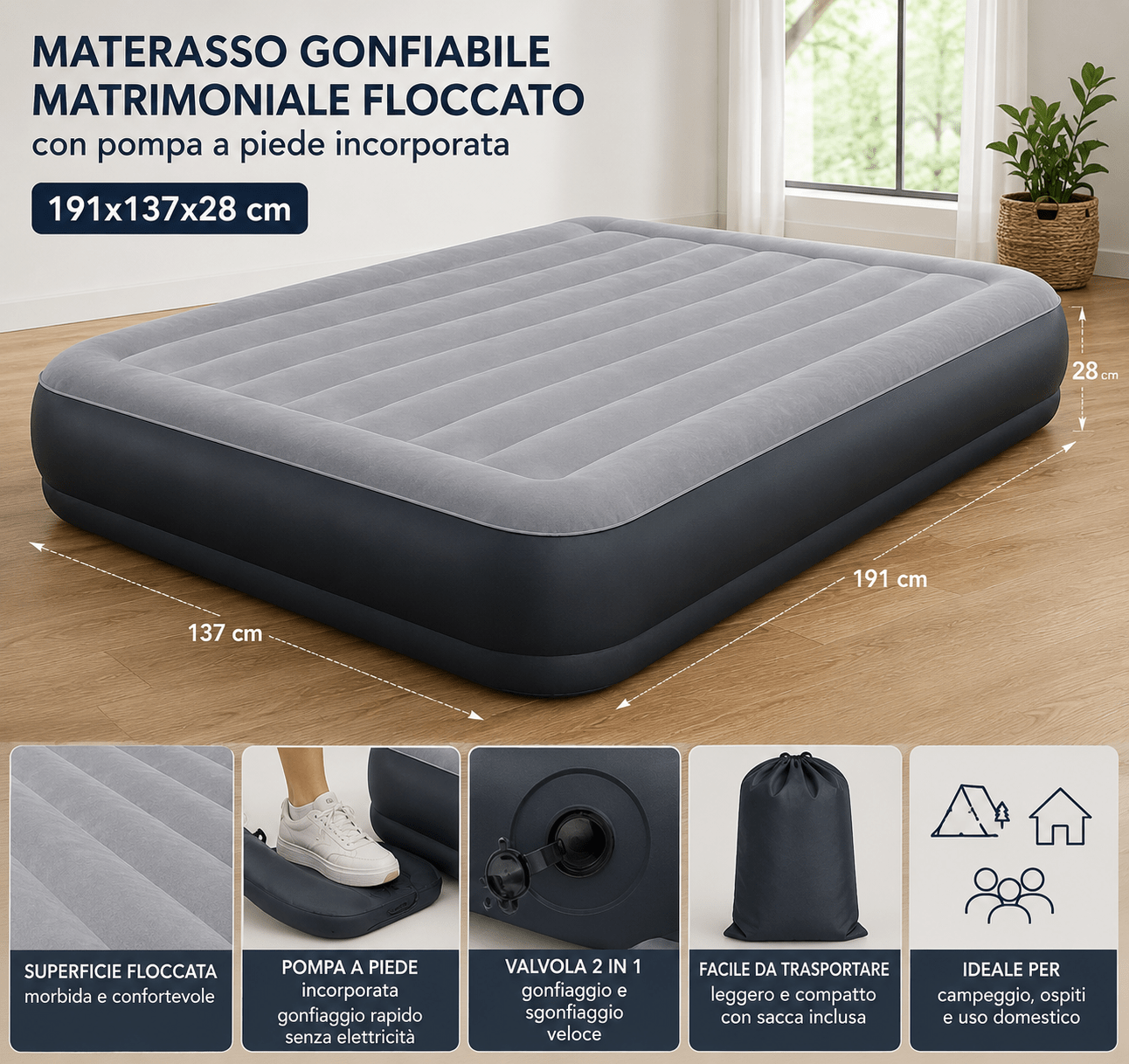 Materasso Gonfiabile Matrimoniale Floccato con Pompa a Piede Incorporata 191x137x28 cm Letto Campeggio Ospiti - Lemag srl