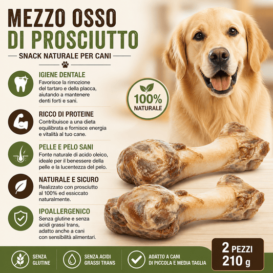 Snack per Cani Mezzo Osso di Prosciutto 210g 2 Pezzi Naturale Senza Glutine Ipoallergenico Igiene Dentale - Lemag srl