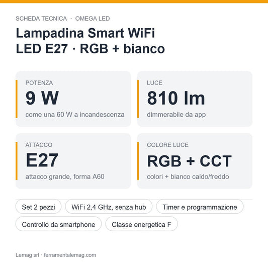 Lampadina Smart WiFi LED E27 9W 810 lm RGB + Bianco Regolabile – Set 2 Pezzi – Controllo da App - Lemag srl