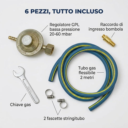 Kit regolatore gas GPL regolabile 20-60 mbar con tubo 2 m, fascette e chiave gas per bombola – dettaglio