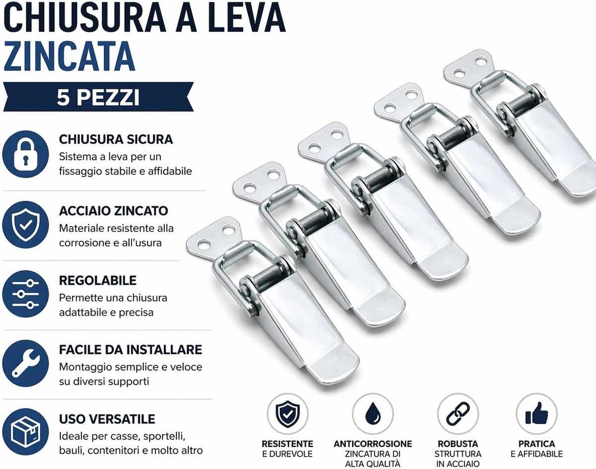 Chiusura a Leva Zincata 5 Pezzi Gancio di Chiusura Regolabile per Casse Sportelli e Contenitori Alta Resistenza - Lemag srl