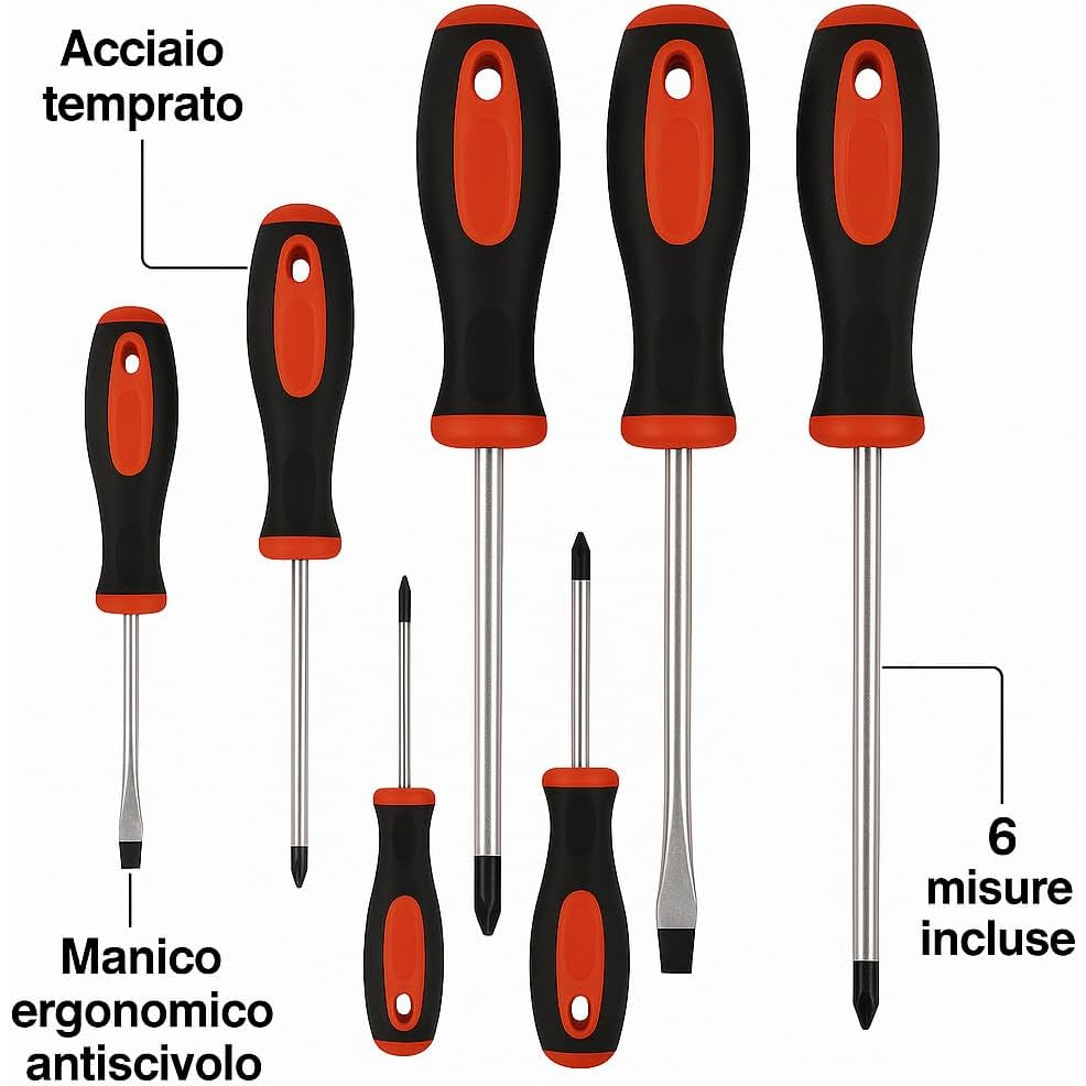 set cacciaviti punta magnetica professionali con manico ergonomico antiscivolo e lame in acciaio temprato in 6 misure diverse.