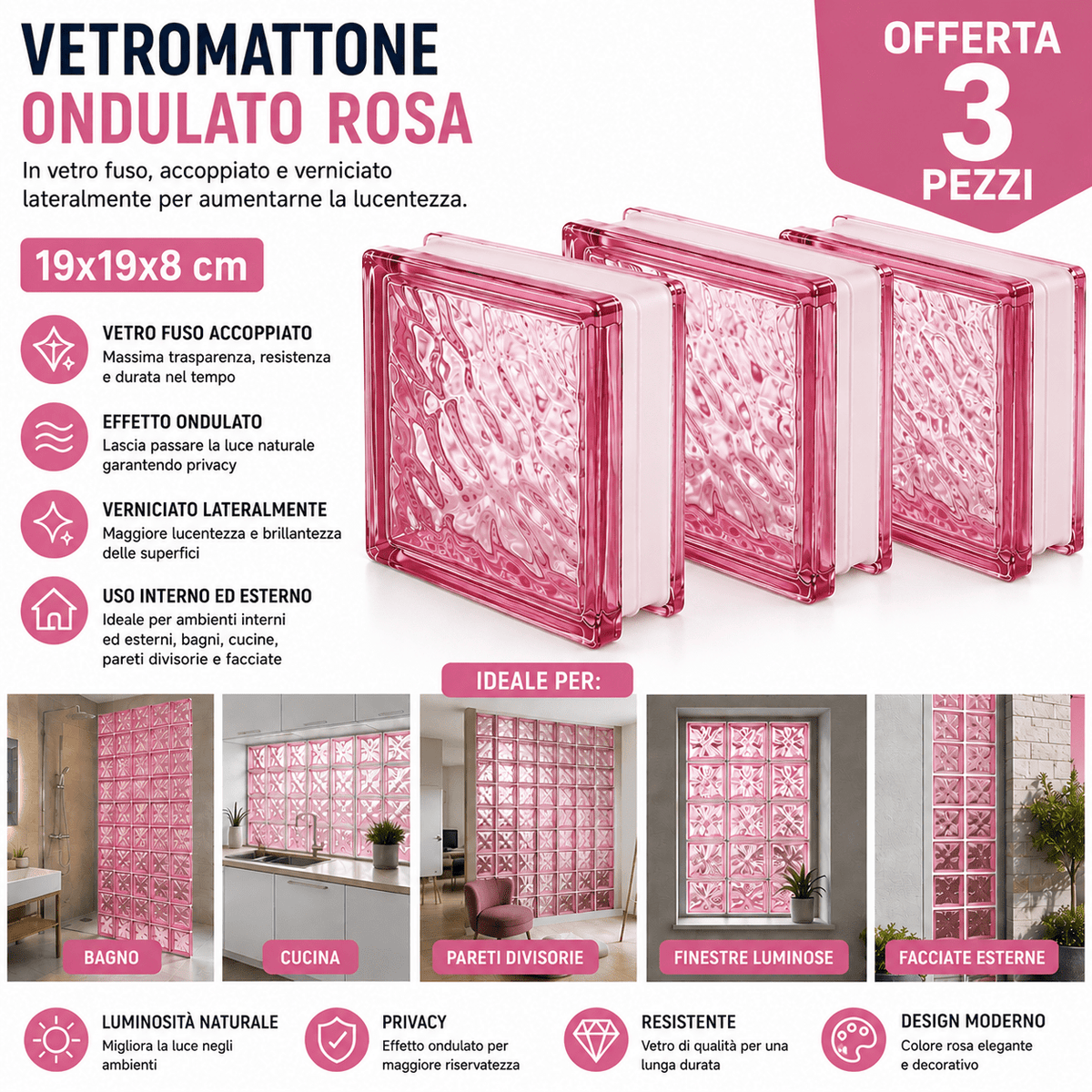 Set 3 pezzi di vetromattone rosa ondulato 19x19x8 cm per pareti divisorie decorative di bagno e cucina.