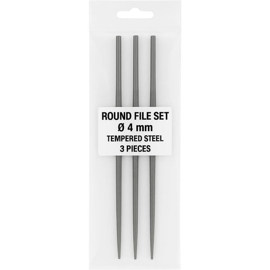 Confezione di 3 lime per catena motosega 4 mm in acciaio temprato per affilatura manuale.