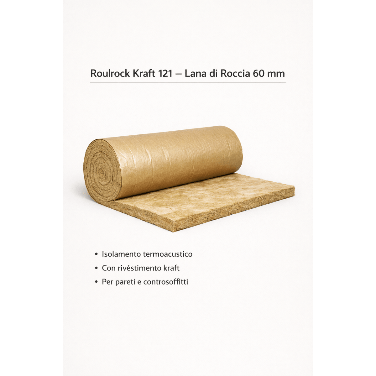 Isolante in lana di roccia Roulrock Kraft 121 in rotolo con rivestimento kraft per isolamento termoacustico.