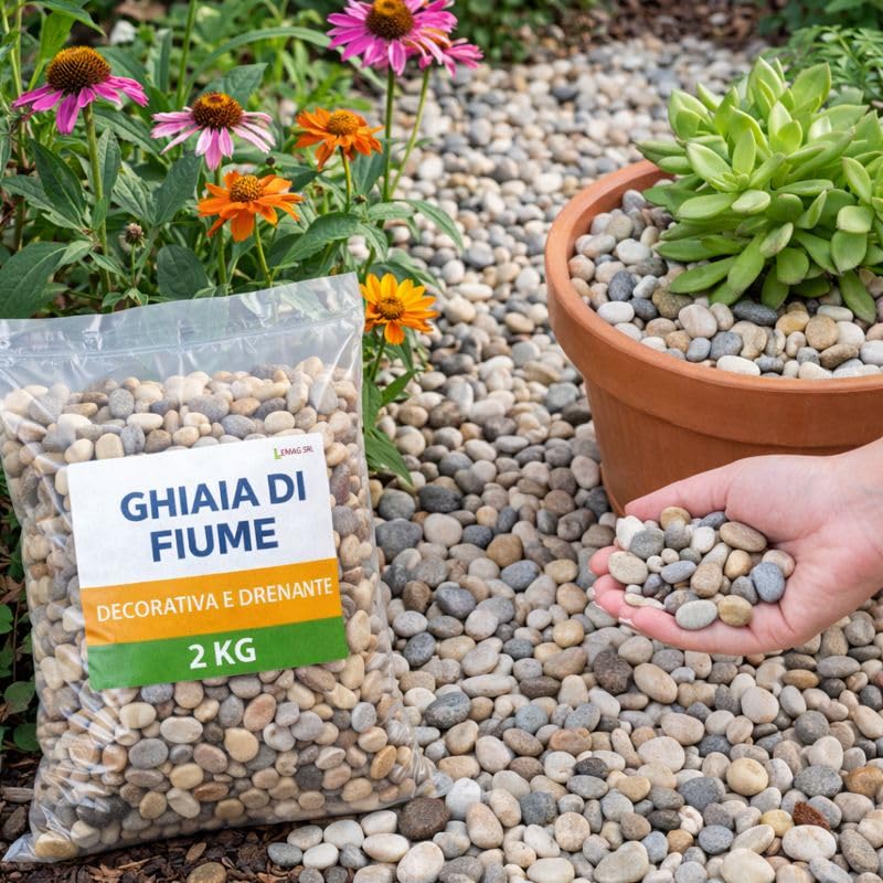 Ghiaia di Fiume 2 Kg – Pietre Decorative Naturali Drenanti per Giardino, Vasi e Aiuole – Ciottoli per Decorazione e Drenaggio - Lemag srl