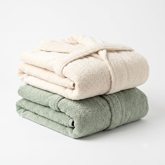 set 2 accappatoi cotone morbidi e assorbenti unisex nei colori beige e verde salvia, piegati e pronti da usare.
