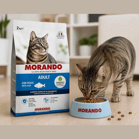 Confezione da 2 kg e gatto che mangia i croccantini morando al pesce dalla ciotola azzurra.