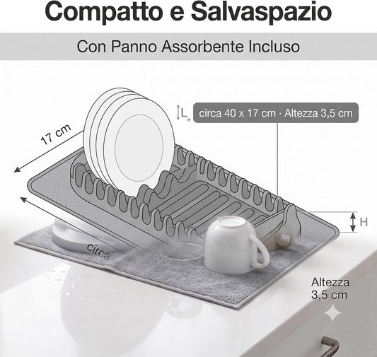 Scolapiatti Compatto Grigio con Tappetino Assorbente in Microfibra – Scolapiatti da Appoggio Salvaspazio con Porta Bicchieri – Asciuga Piatti in Verticale Tazze e Bicchieri – per Cucina - Lemag srl