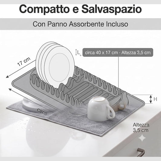 Dettaglio dimensioni dello scolapiatti con tappetino in microfibra grigio, modello compatto e salvaspazio per cucina.