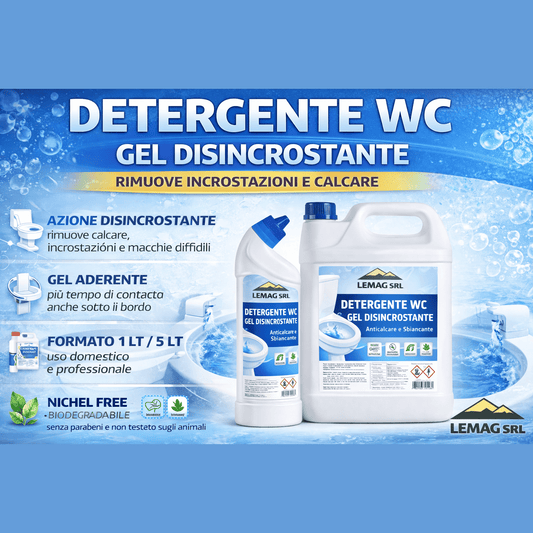 Gel wc disincrostante LEMAG SRL per la pulizia del water, elimina calcare e incrostazioni, disponibile in flacone e tanica.
